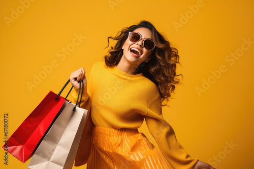Happy woman hold shopping bag with shop alcoholic