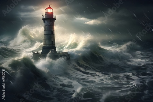A solitary lighthouse guiding ships through a storm. 