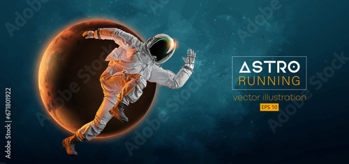 Abstract silhouette of a running athlete astronaut in space action and Earth, Mars, planets on the background of the space. Runner man are running sprint or marathon. Vector illustration