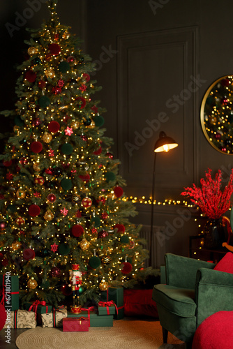 new year cozy home interior with Christmas tree and garlands 