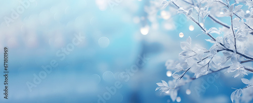 Rime ice snowy winter on  branch with a bokeh snow background