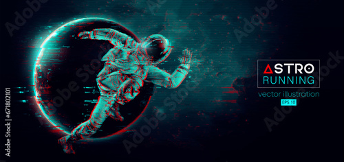 Abstract silhouette of a running athlete astronaut in space action and Earth, Mars, planets on the background of the space. Runner man are running sprint or marathon. Vector illustration