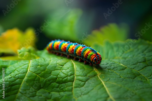 A rainbow caterpillar on leaf - Generative AI