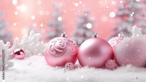 Pinkmas concept. Pink Christmas tree branches decorated with ornaments in pink color. Merry Xmas  Happy New Year 2024 in trendy colors. Vibrant colorful background for cards  invitations  greetings.
