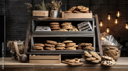  a shelf filled with lots of cookies next to a vase of flowers and a box of cookies on top of a table. generative ai