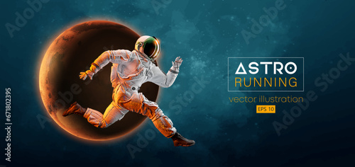 Abstract silhouette of a running athlete astronaut in space action and Earth, Mars, planets on the background of the space. Runner man are running sprint or marathon. Vector illustration