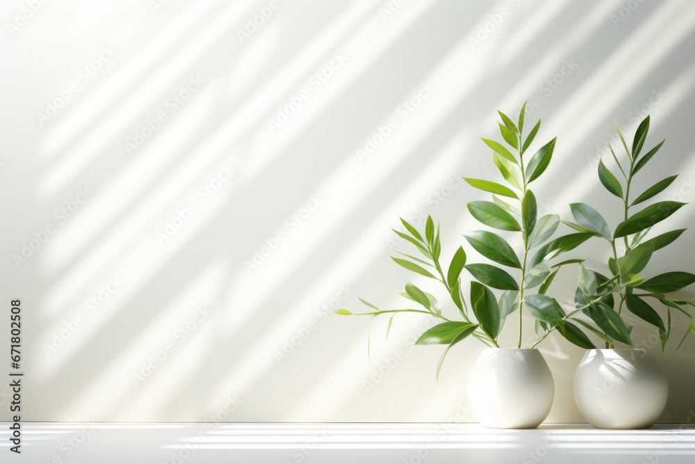 An abstract background featuring blurred shadow patterns from plant leaves cast upon a white wall, offering a minimalist setting for product presentations. Generative Ai.
