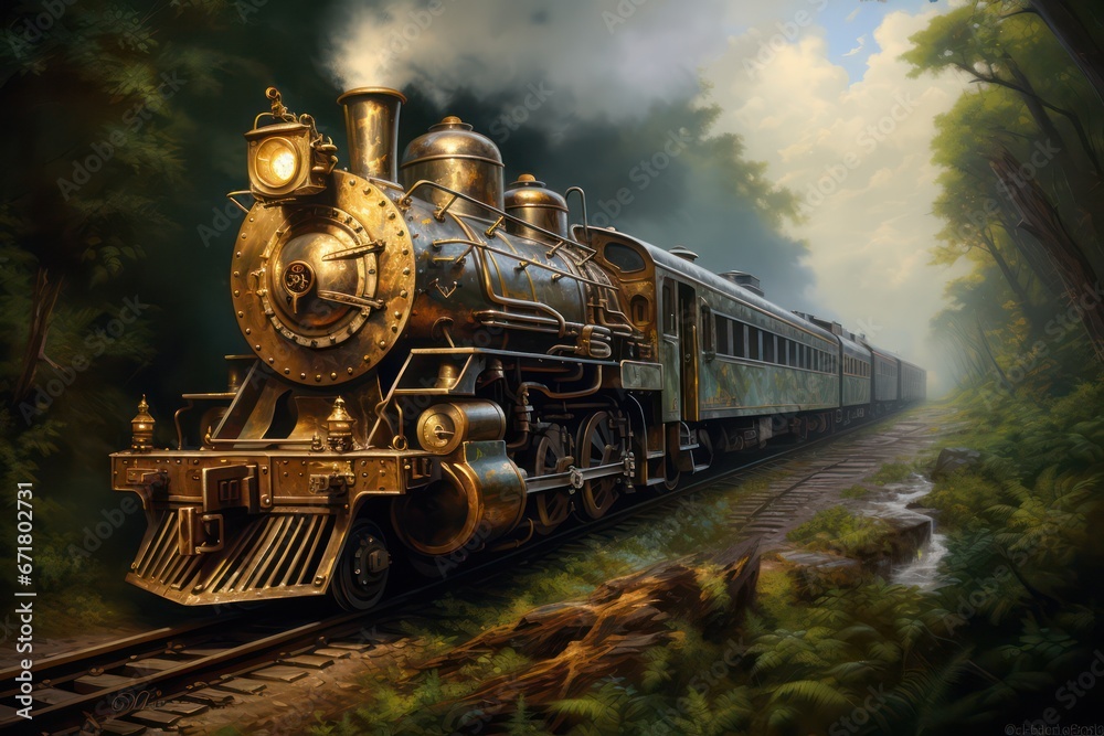 Naklejka premium Clipart of a classic steam locomotive in watercolor, suitable for background use. A wallpaper background with a printable oil painting texture.