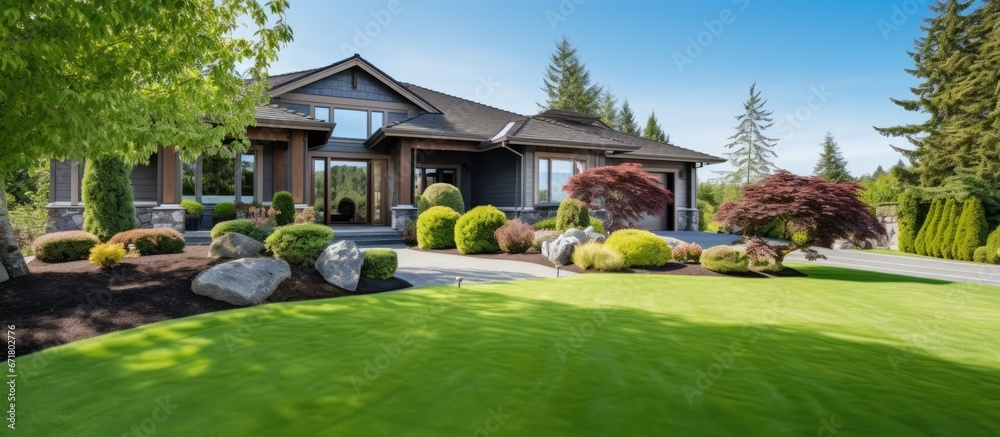 Newly constructed luxury home with a beautiful yard green grass and landscaping