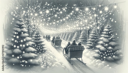 Pencil sketch of a festive winter scene showing a sleigh ride through a snow-covered forest, with Christmas lights wrapped around the trees, creating a path of luminescence.