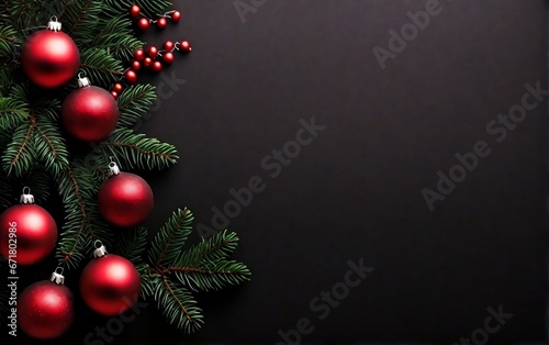 Christmas background with fir branches and red baubles on black background with space for copy created with generative ai