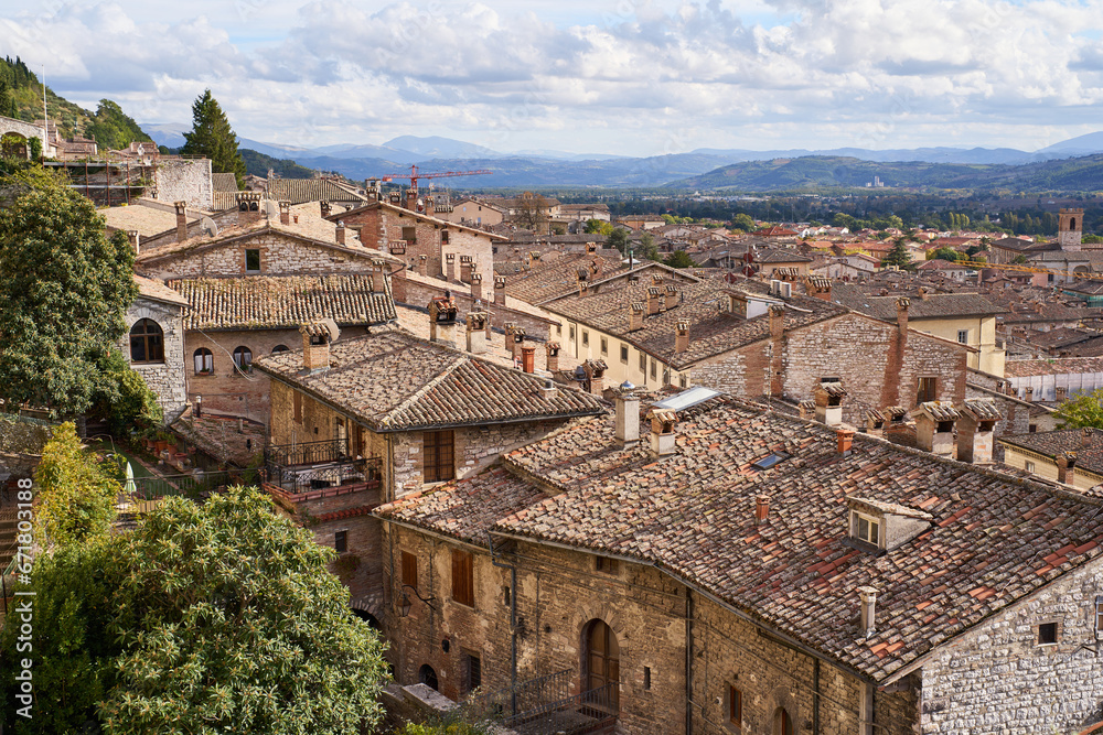 Panoramic view of the medieval town of Gubbio in Umbria, Italy
