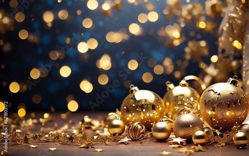 Christmas decoration with golden stars and confetti on bokeh background created with generative ai