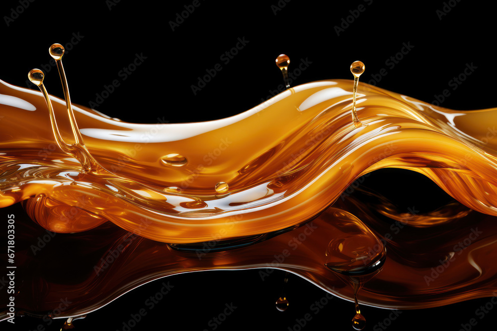 A luxurious liquid cascade of sweet melted caramel or maple syrup swirl, generating an appetizing 3D splash. Generative Ai. - obrazy, fototapety, plakaty 