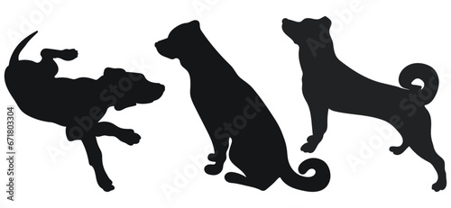 Sketch image of black silhouette dogs, outline of pets. Go, standing, sitting, lying, lie, running, jumping, training, walking, guarding, posing, play, showing