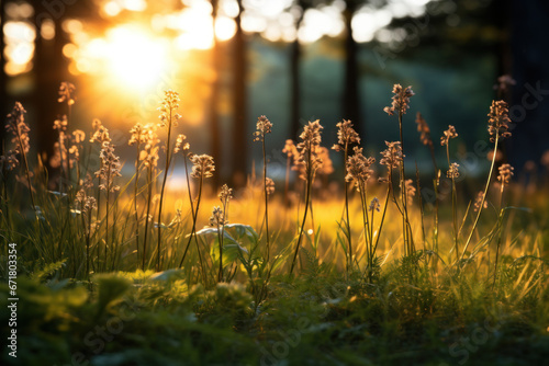 A lush forest clearing at sunset, where wild grass stands tall, casting a captivating macro image with a shallow depth of field, creating an abstract summer nature background. Generative Ai.