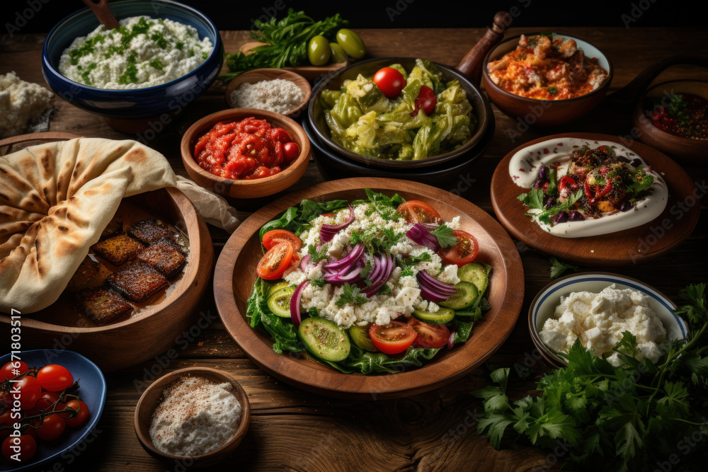 Top view of a variety of traditional Greek dishes, including salad, meze, pie, fish, tzatziki, and dolma, displayed on a wooden background. Generative Ai. Top view of a variety of traditional Greek dishes, including salad, meze, pie, fish, tzatziki, and dolma, displayed on a wooden background. Generative Ai.