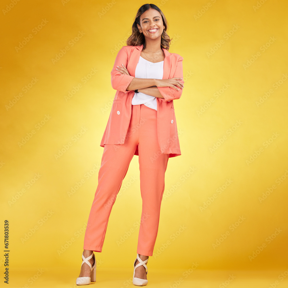 Arms crossed, smile and portrait of business woman with mission for a career and confident isolated in studio yellow background. Proud, goals and young entrepreneur happy of opportunity for startup