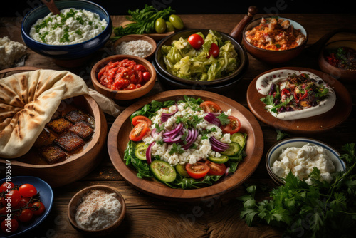 Top view of a variety of traditional Greek dishes, including salad, meze, pie, fish, tzatziki, and dolma, displayed on a wooden background. Generative Ai. © Sebastian