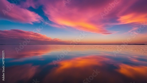 sunset over the lake A rainbow sunset on blue pink sky yellow clouds skyline  water sea reflection beautiful landscape  