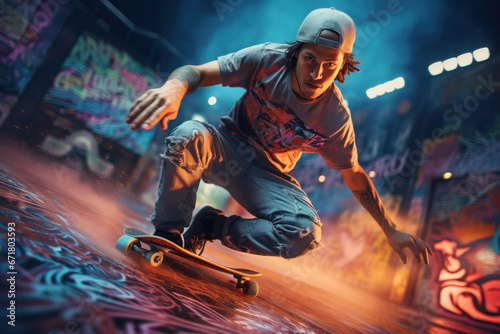 Modern, urban skate park with vibrant graffiti art and daring skateboarders perfecting their tricks. Generative Ai. photo