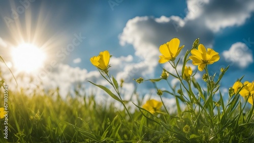yellow flowers on a meadow a spring summer scene with green grass, yellow flowers, and a branch with leaves in front of a blue  