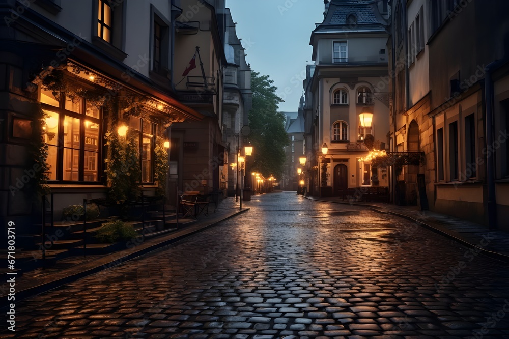 A charming, cobblestone European street at dusk.
