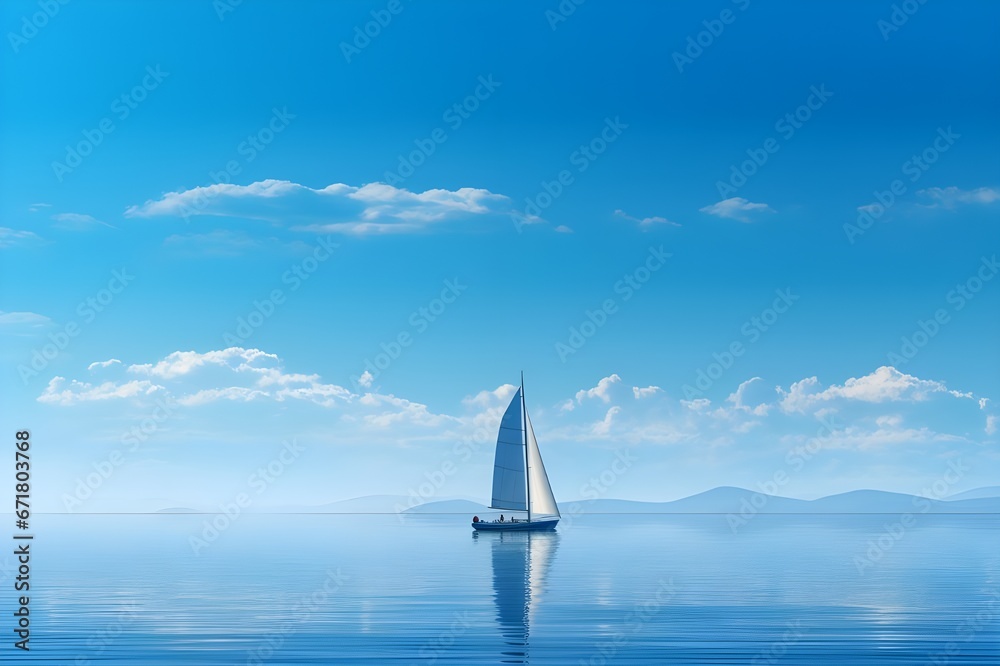 A solitary sailboat on a tranquil azure sea.
