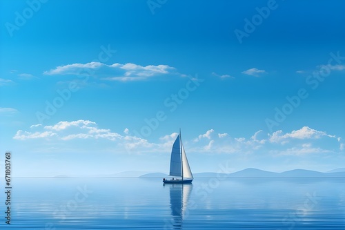 A solitary sailboat on a tranquil azure sea. 