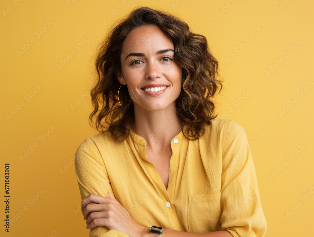 Photo portrait of an european woman smiling. Isolated on yellow background. Business woman. Photo portrait of an european woman smiling. Isolated on yellow background. Business woman.