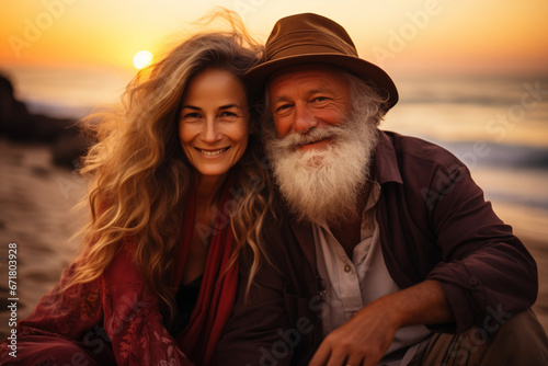 beautiful mature couple sitting together on sandy beach at sunset. togetherness. adult romantic relationship © Olesia Bilkei