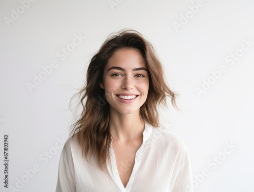 Closeup photo portrait of a young european woman smiling. Isolated on white background.