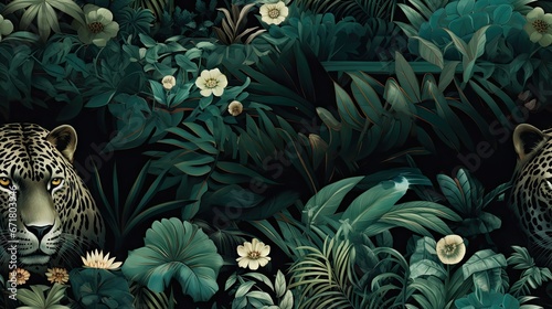  a painting of a leopard in the jungle surrounded by tropical plants and flowers with white flowers on the right side of the image. generative ai