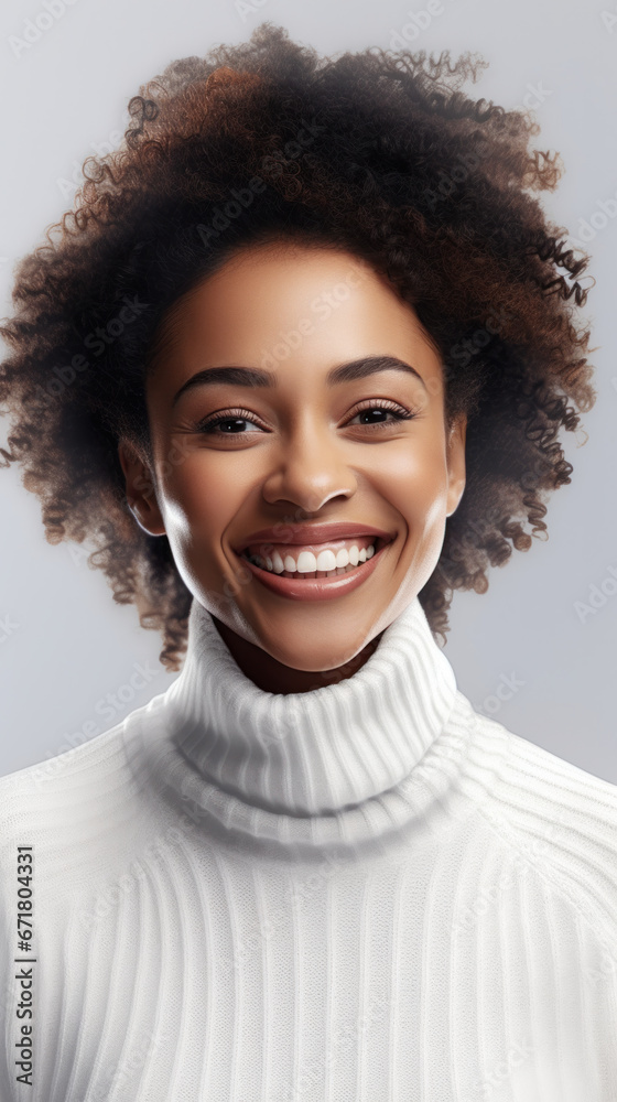 Radiant Joy: Smiling Black Woman in White Sweater Exuding Warmth and Positivity. Radiant Joy: Smiling Black Woman in White Sweater Exuding Warmth and Positivity.