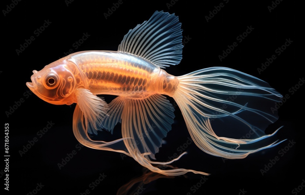 Fototapeta premium A gold fish with a black background. Generative AI.