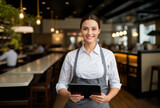 Portrait of a happy woman entrepreneur of a restaurant or cafe with digital tablet. AI generative