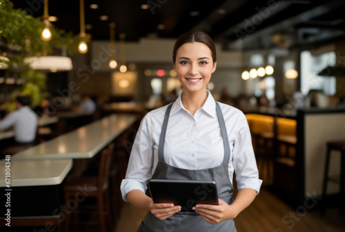 Portrait of a happy woman entrepreneur of a restaurant or cafe with digital tablet. AI generative