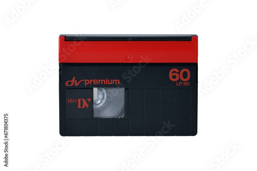 Top view of black and red mini dv tape isolated on white background