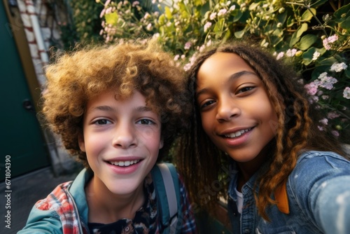 A couple of young children standing next to each other. Generative AI.