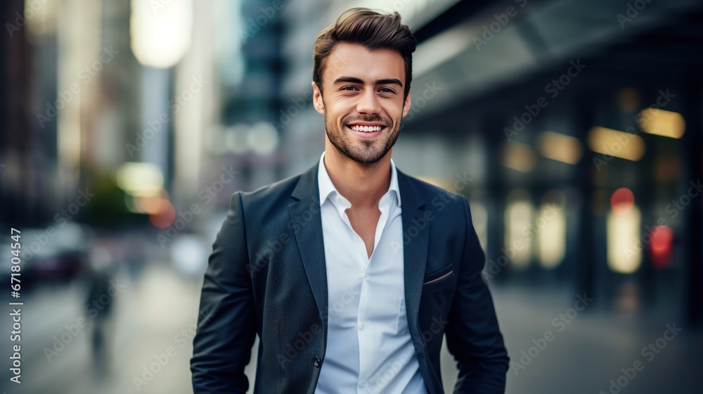 Handsome young businessman is walking on the street and smiling