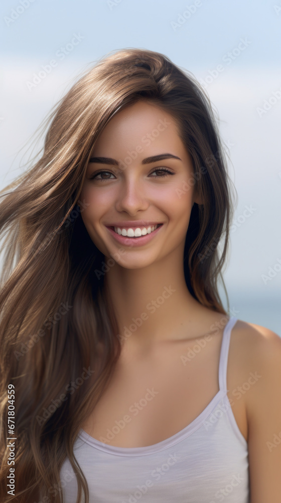 Portrait of Joy: Attractive Woman with Beautiful Hair Smiling Happily, Youthful and Radiant.