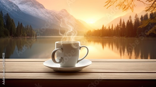  a cup of coffee sitting on top of a wooden table next to a lake with a mountain range in the background.  generative ai