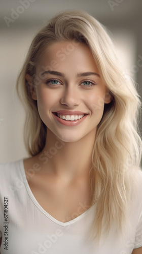 Radiant Smile: Blonde Woman with White Teeth Isolated Against a Pastel Beige Wall.