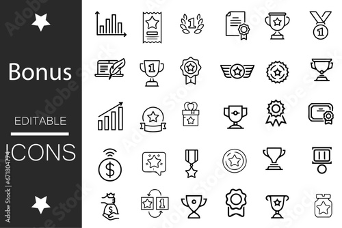Awards and Bonuses Editable Icons set. Vector illustration in modern thin line style of icons, such as: Cups, Awards, Medals, Diplomas, Champion, Number One, Stars, Winner, Ribbon. Achievement icons