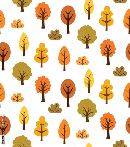 Seamless pattern with flat autumn trees and bushes. Vector simple cute fall backdrop. 