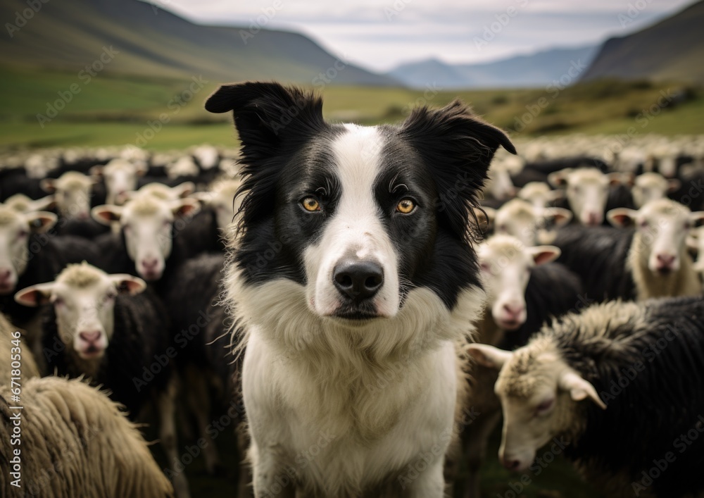 A black and white shepherd dog surrounded by a herd of sheep. Generative AI.