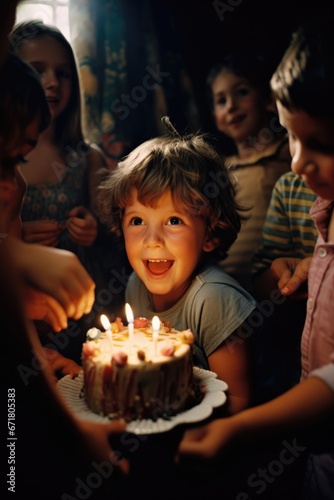 A group of children standing around a cake with lit candles. Generative AI.