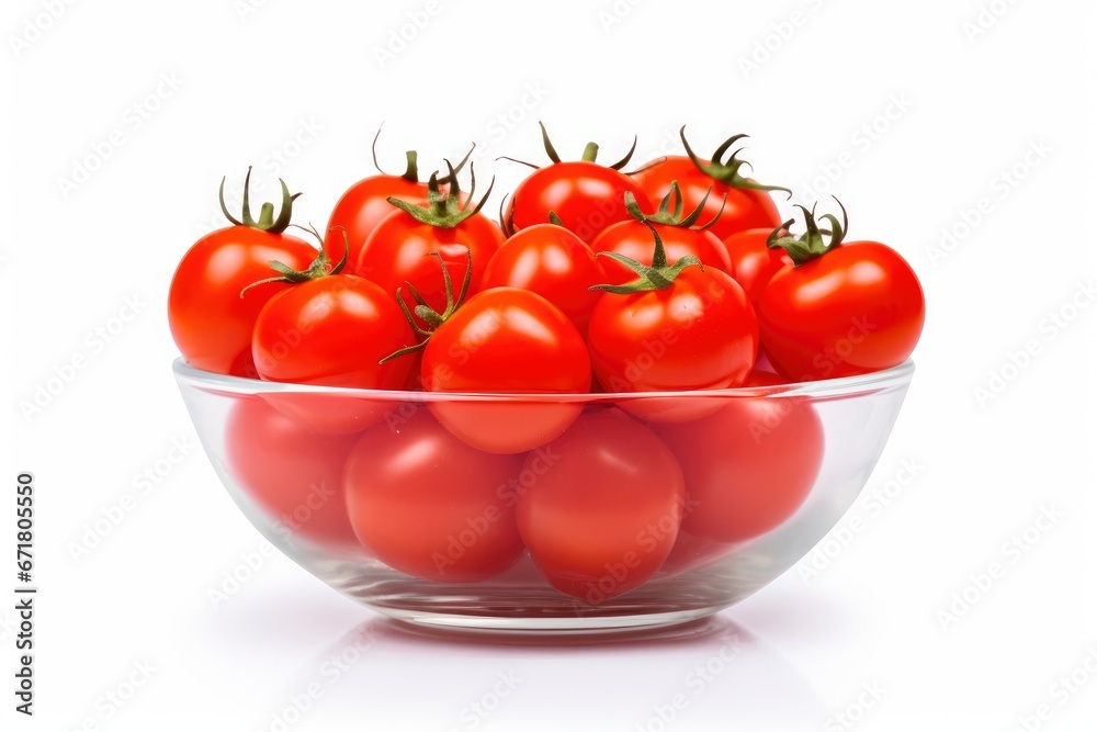 A Vibrant Bowl of Fresh Tomatoes Popping Against a Clean White Background Created With Generative AI Technology A Vibrant Bowl of Fresh Tomatoes Popping Against a Clean White Background Created With Generative AI Technology