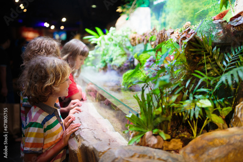 Family in aquarium. Kids watch fish, marine life photo