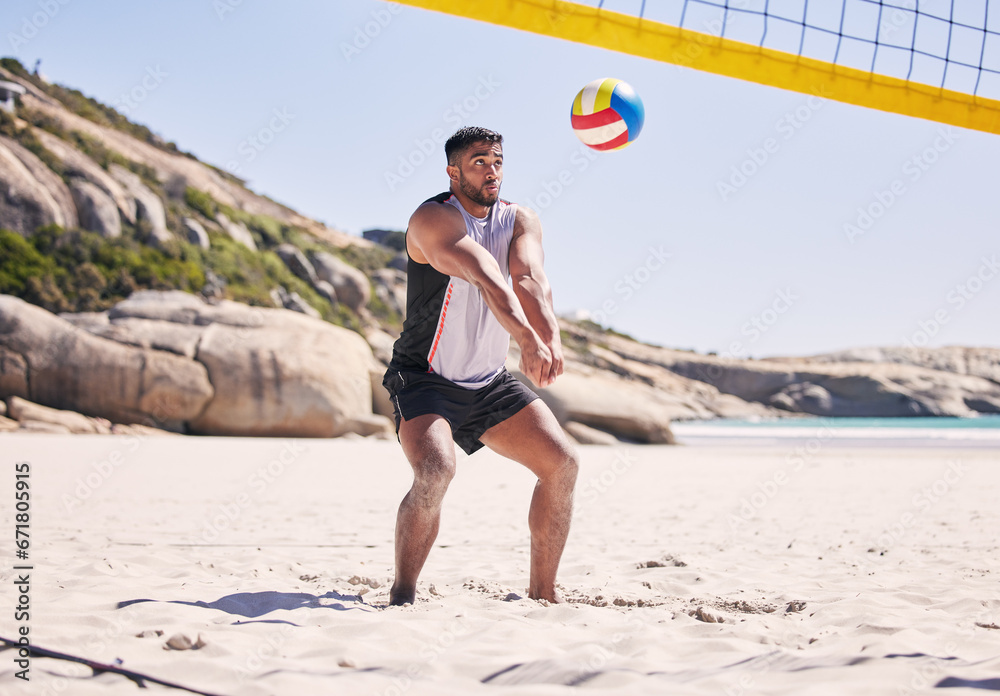 Beach, volleyball and man at net with sports action, fun and summer competition on sea sand. Energy, ocean games and volley challenge with athlete hitting ball for goal at fitness workout in nature. - obrazy, fototapety, plakaty 